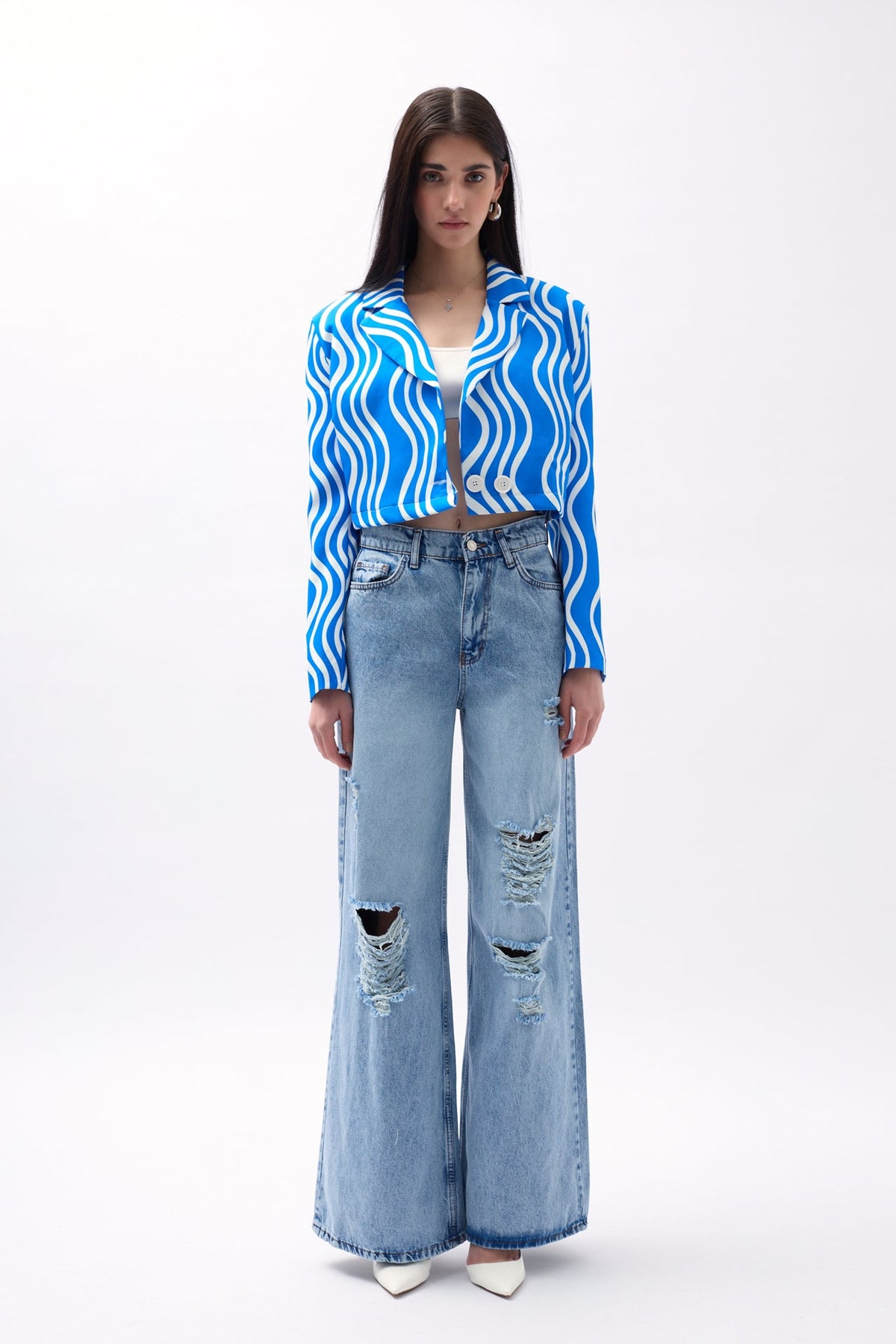 Desenli Mavi Crop Ceket