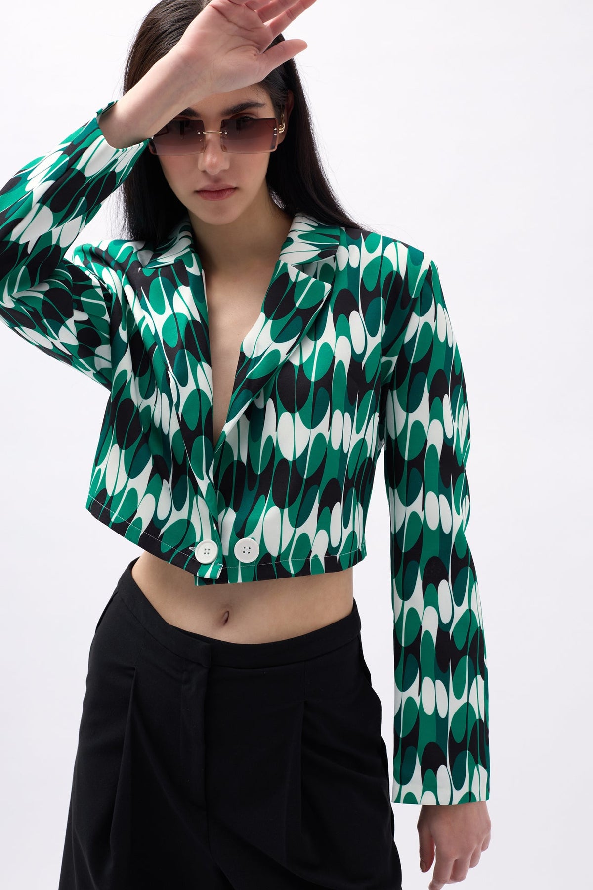 Desenli Yeşil Crop Ceket