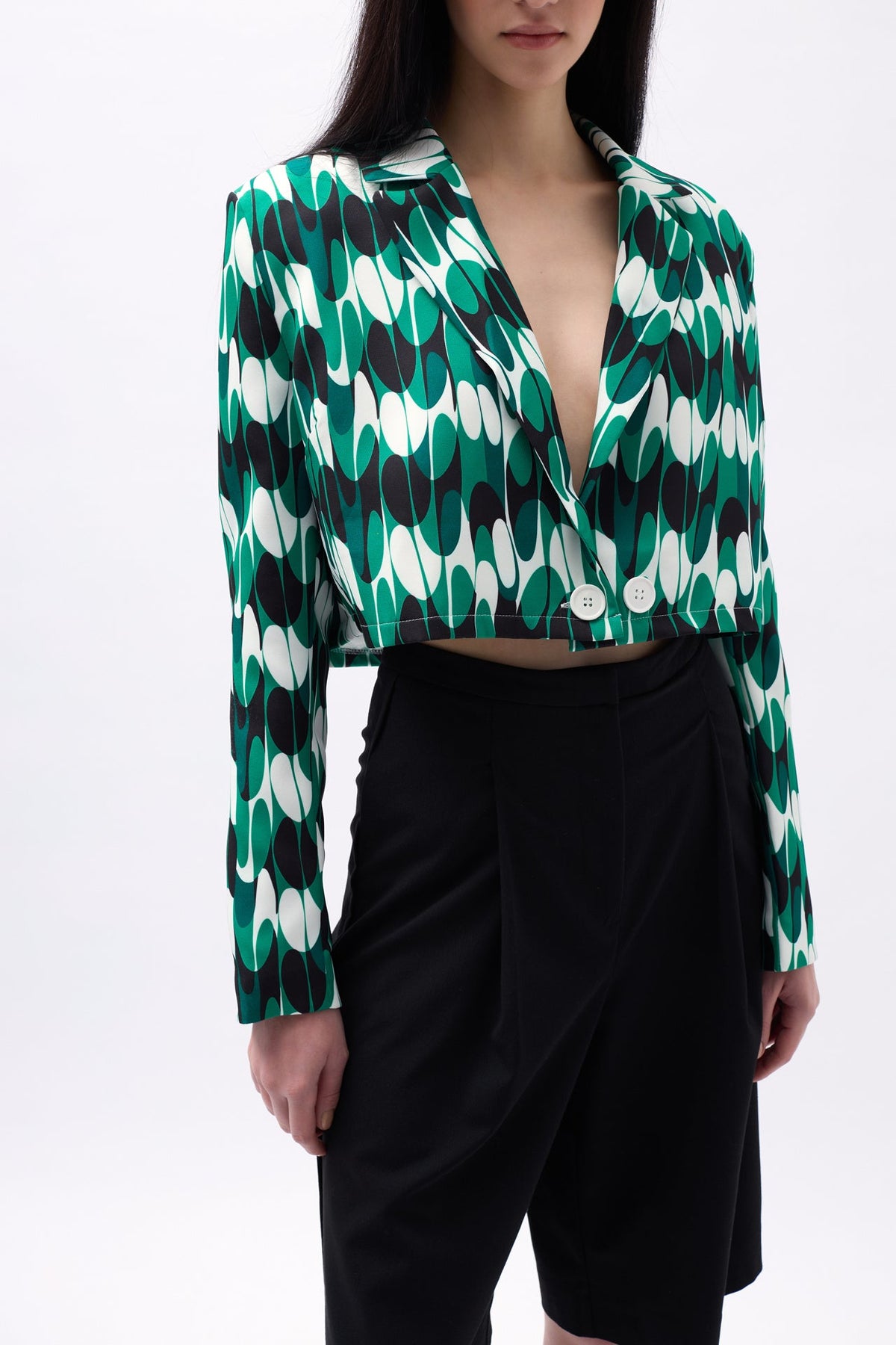 Desenli Yeşil Crop Ceket