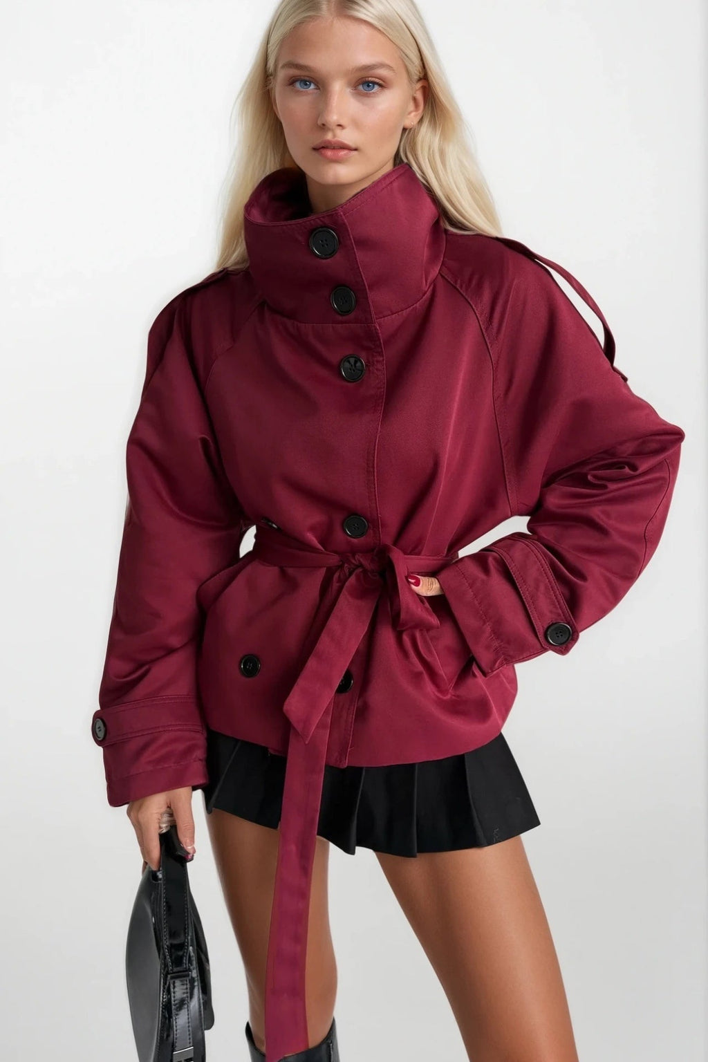 Dik Yaka Crop Bordo Trençkot