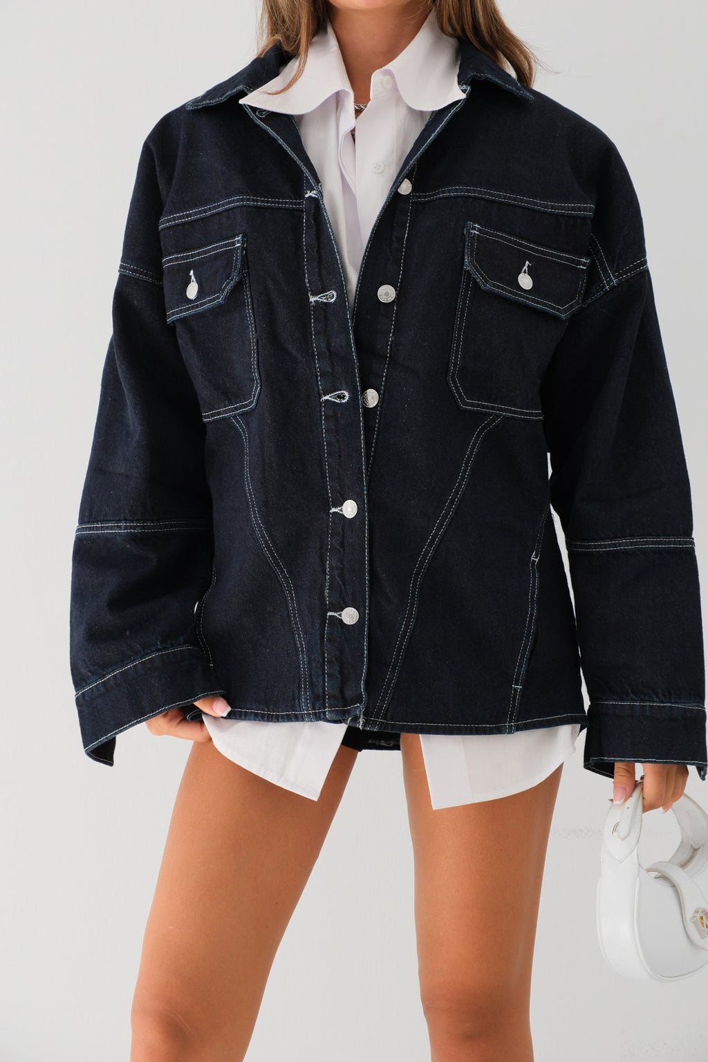 Dikiş Detay Oversize Lacivert Kot Ceket