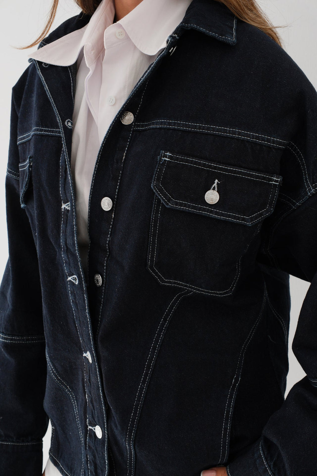 Dikiş Detay Oversize Lacivert Kot Ceket