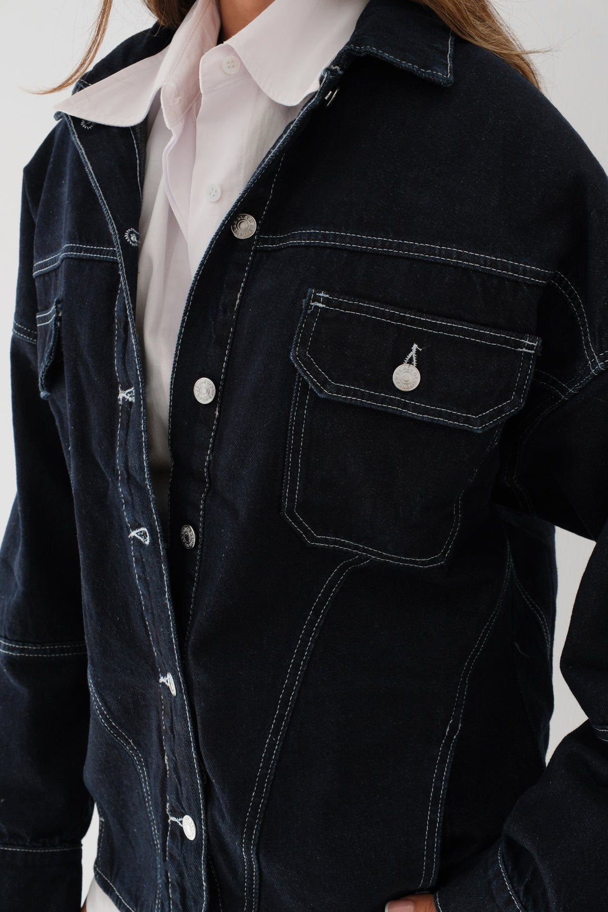 Dikiş Detay Oversize Lacivert Kot Ceket