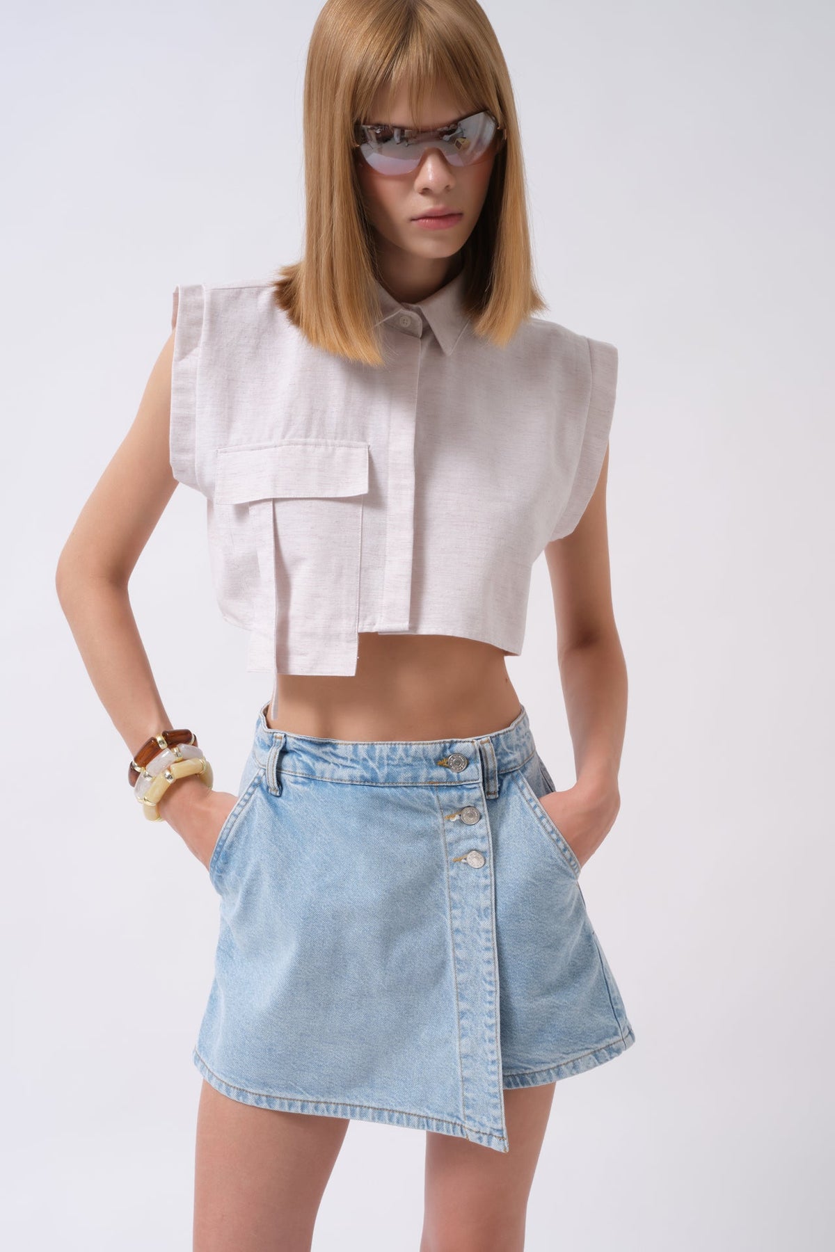 Düğme Detay Denim Mini Mavi Etek