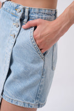 Düğme Detay Denim Mini Mavi Etek