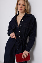 Düğme Detaylı Denim Lacivert Tulum