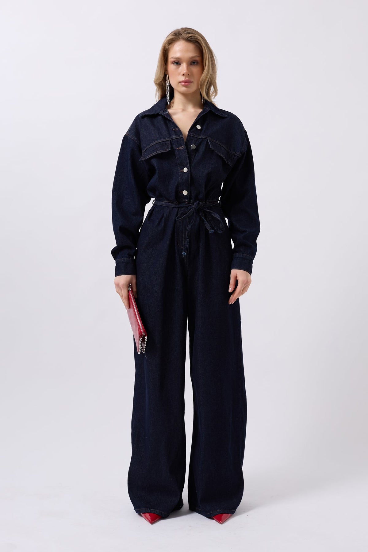 Düğme Detaylı Denim Lacivert Tulum