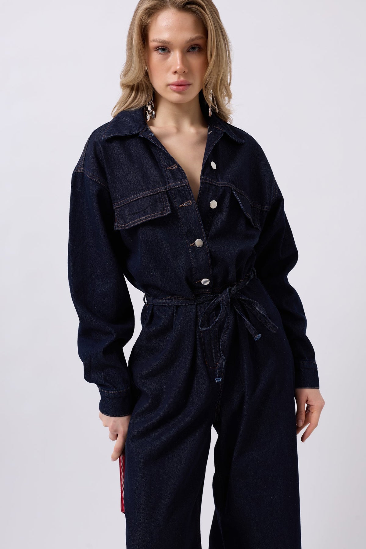 Düğme Detaylı Denim Lacivert Tulum