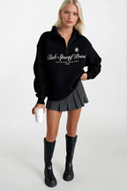 Fermuar Detay Baskılı Siyah Sweatshirt