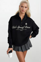 Fermuar Detay Baskılı Siyah Sweatshirt