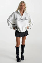 Fermuar Detay Baskılı Ekru Sweatshirt