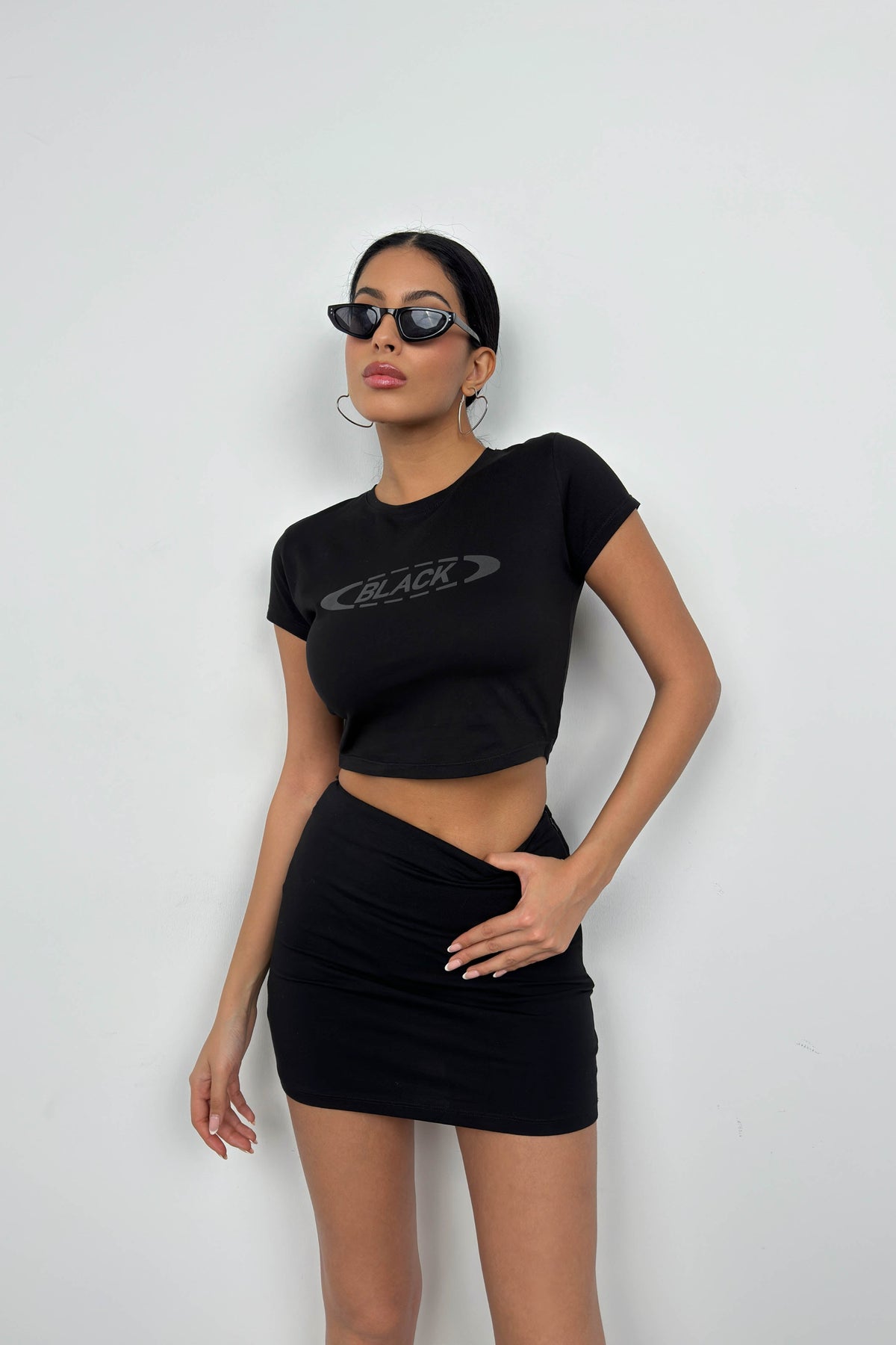 Kabartma Baskılı Likralı Siyah T-Shirt