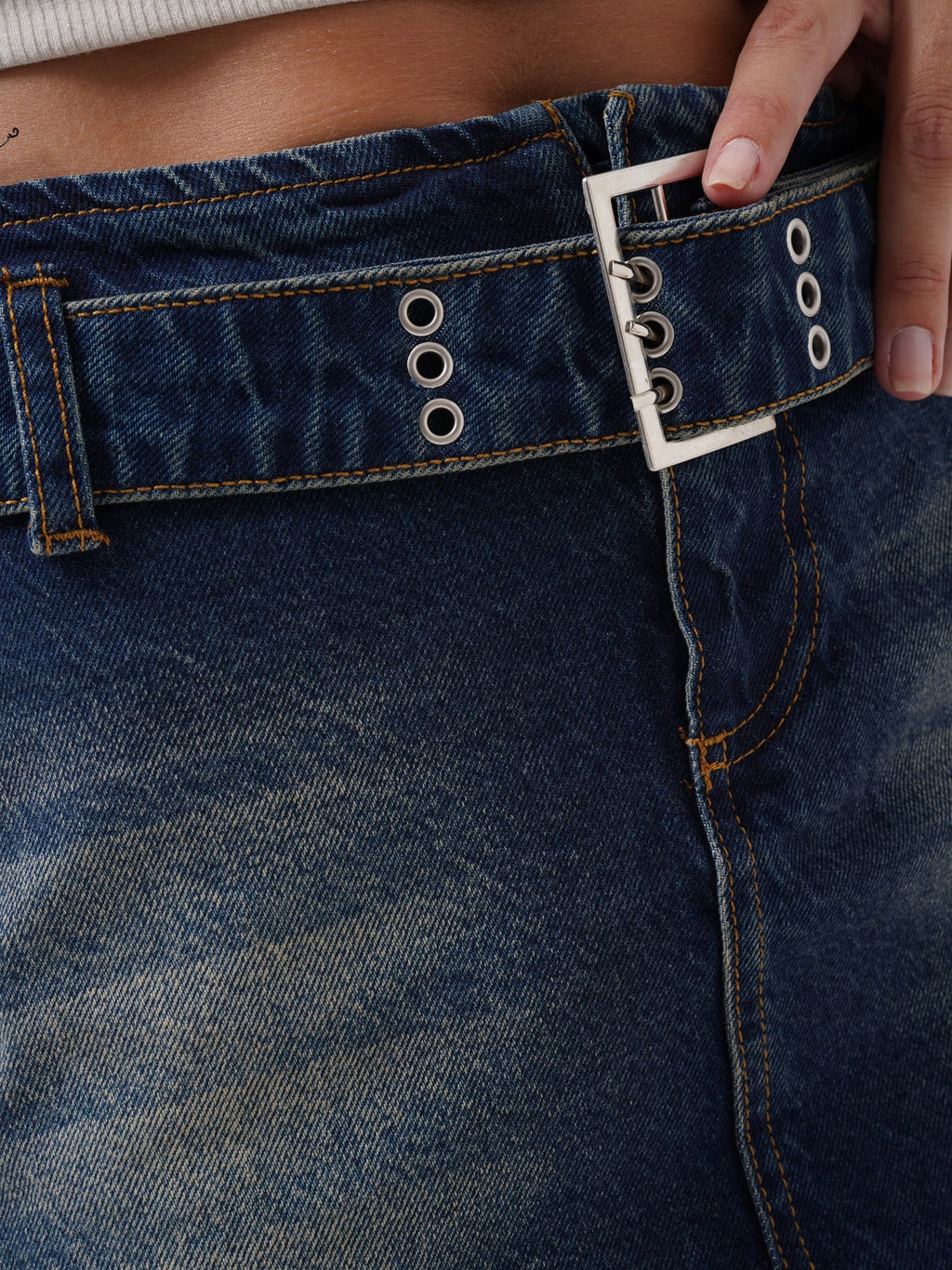 Kemer Detay Denim Mini Koyu Mavi Etek
