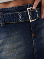 Kemer Detay Denim Mini Koyu Mavi Etek