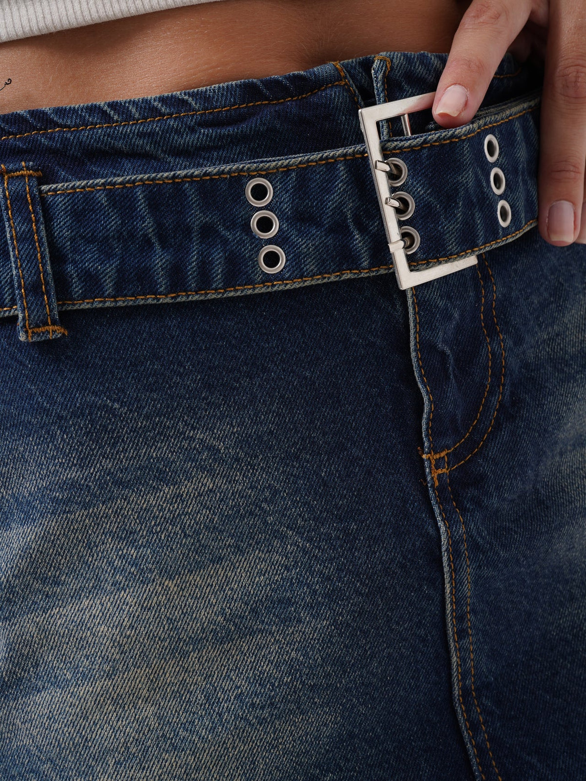 Kemer Detay Denim Mini Koyu Mavi Etek