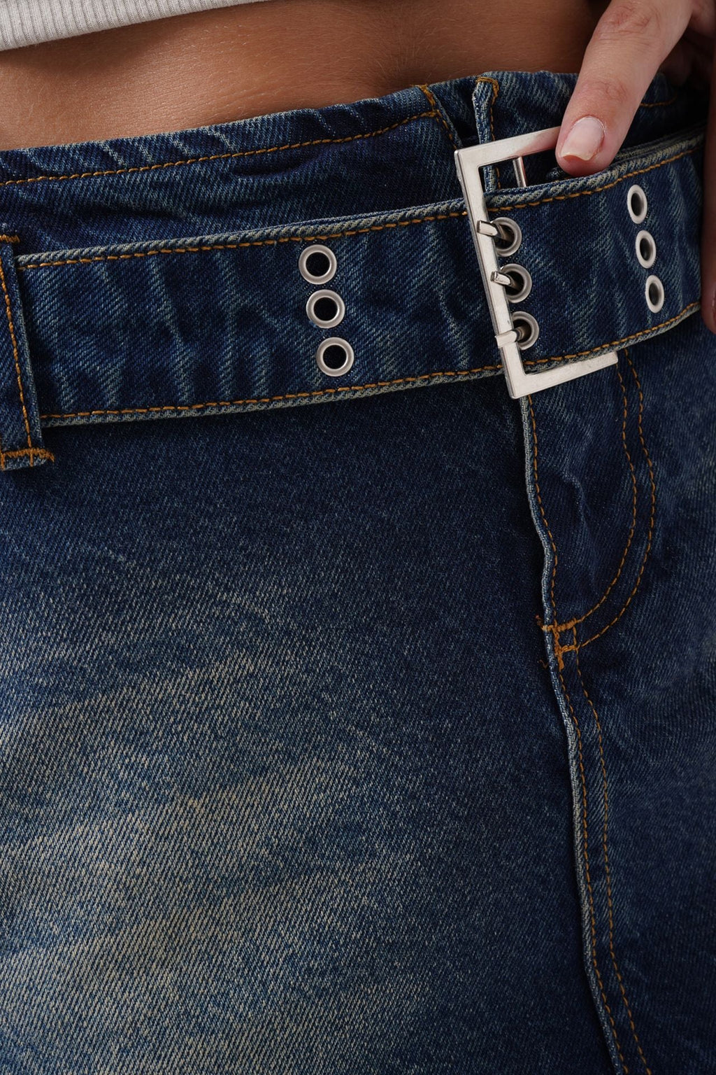 Kemer Detay Denim Mini Koyu Mavi Etek