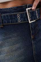 Kemer Detay Denim Mini Koyu Mavi Etek