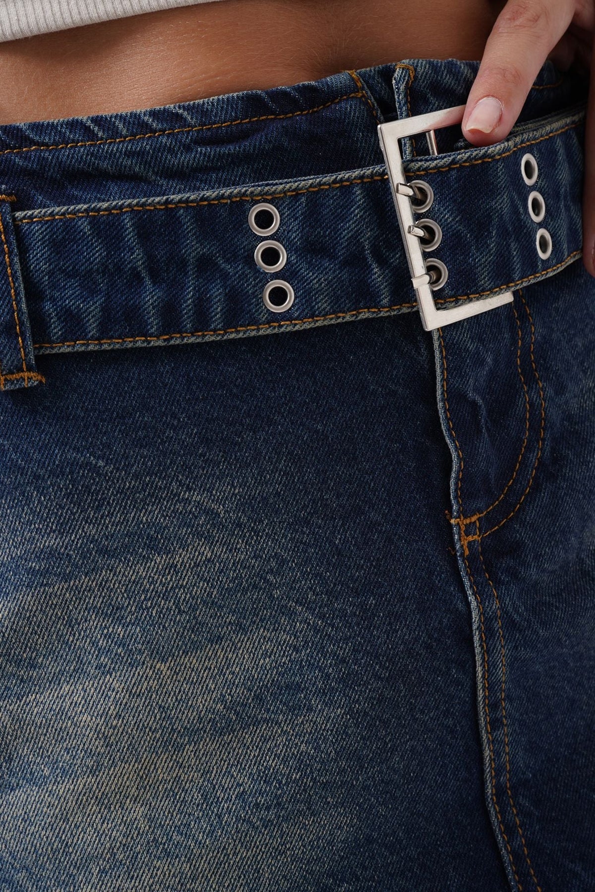 Kemer Detay Denim Mini Koyu Mavi Etek