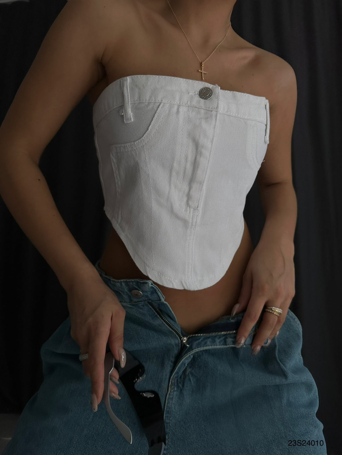 Korse Detay Beyaz Kot Crop Bluz