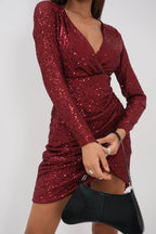 Kruvaze Yaka Pullu Mini Bordo Elbise