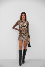 Sırt Dekolteli Mini Leopar Elbise