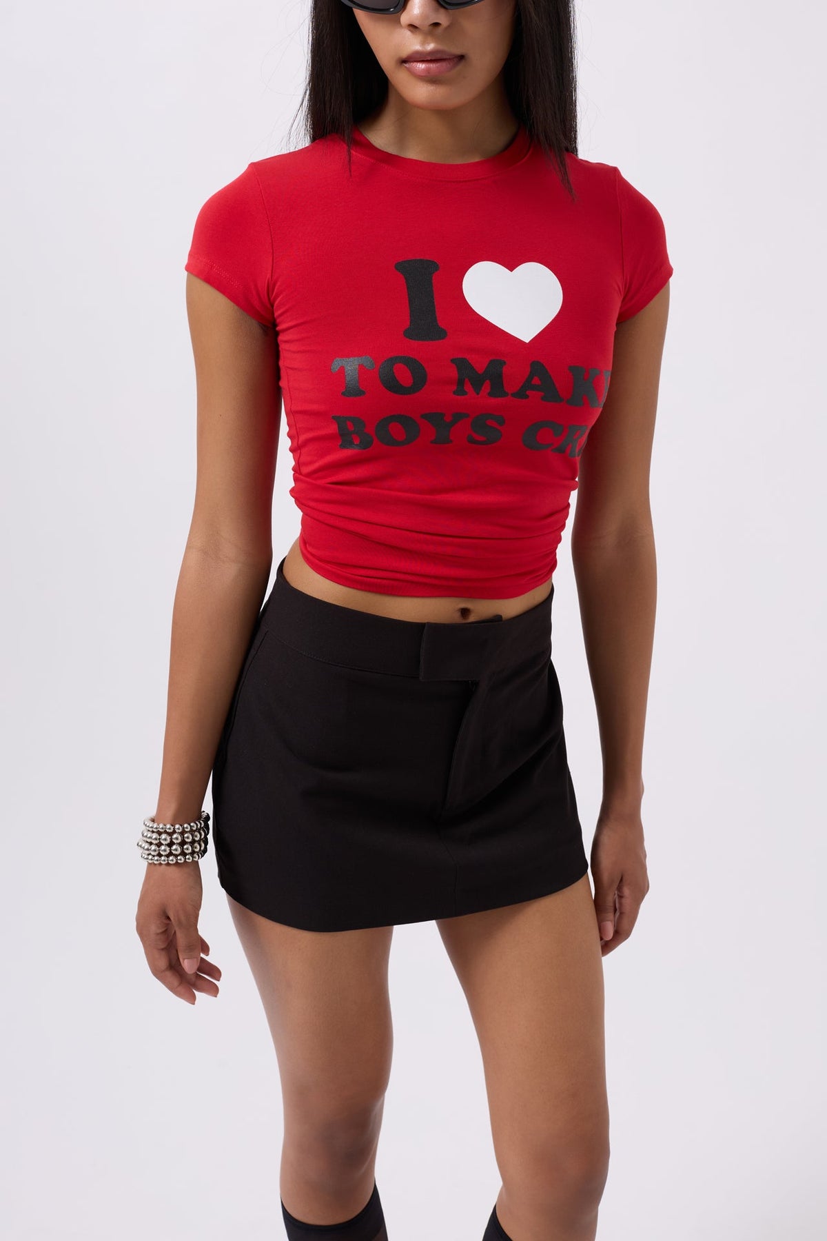 Nakış Detay Baskılı Crop Kırmızı T-Shirt