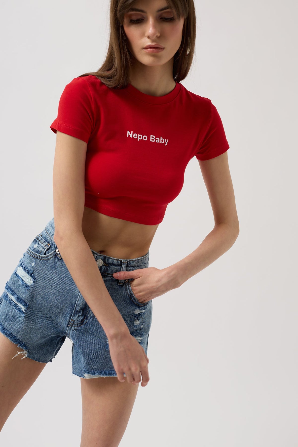 Nepo Baskılı Crop Kırmızı T-Shirt