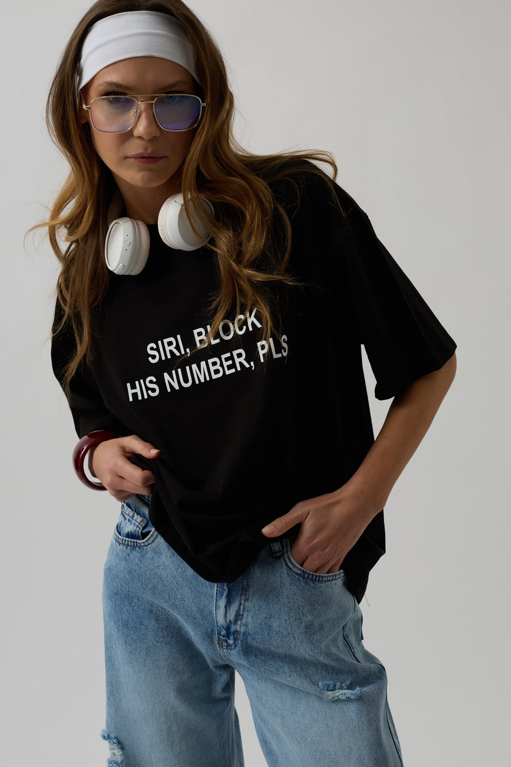 Siri Ön Baskılı Oversize Siyah T-Shirt