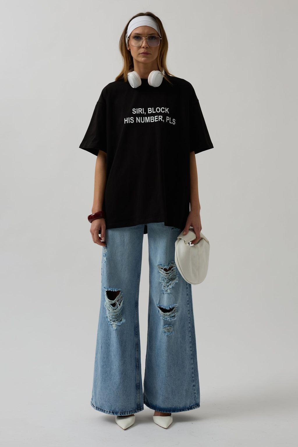 Siri Ön Baskılı Oversize Siyah T-Shirt