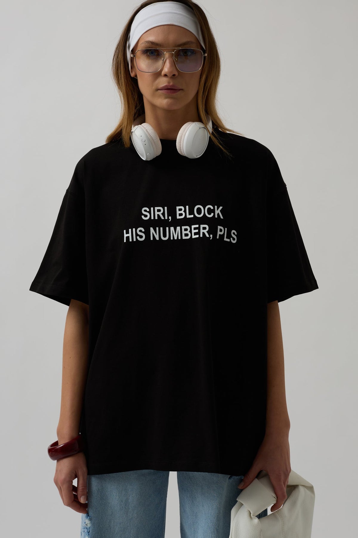 Siri Ön Baskılı Oversize Siyah T-Shirt