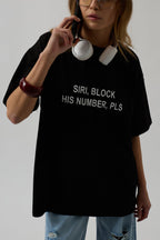 Siri Ön Baskılı Oversize Siyah T-Shirt