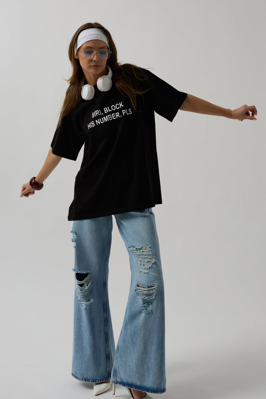 Siri Ön Baskılı Oversize Siyah T-Shirt