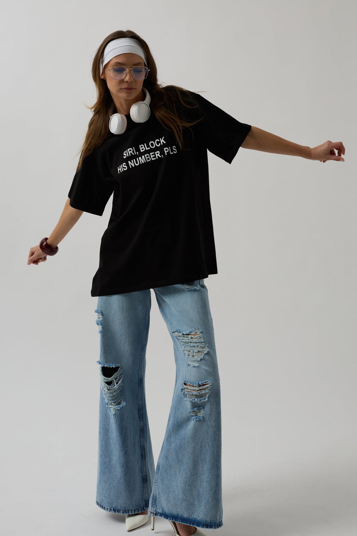 Siri Ön Baskılı Oversize Siyah T-Shirt