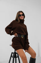 Oversize Balıkçı Yaka Kahverengi Triko Tunik