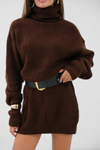 Oversize Balıkçı Yaka Kahverengi Triko Tunik