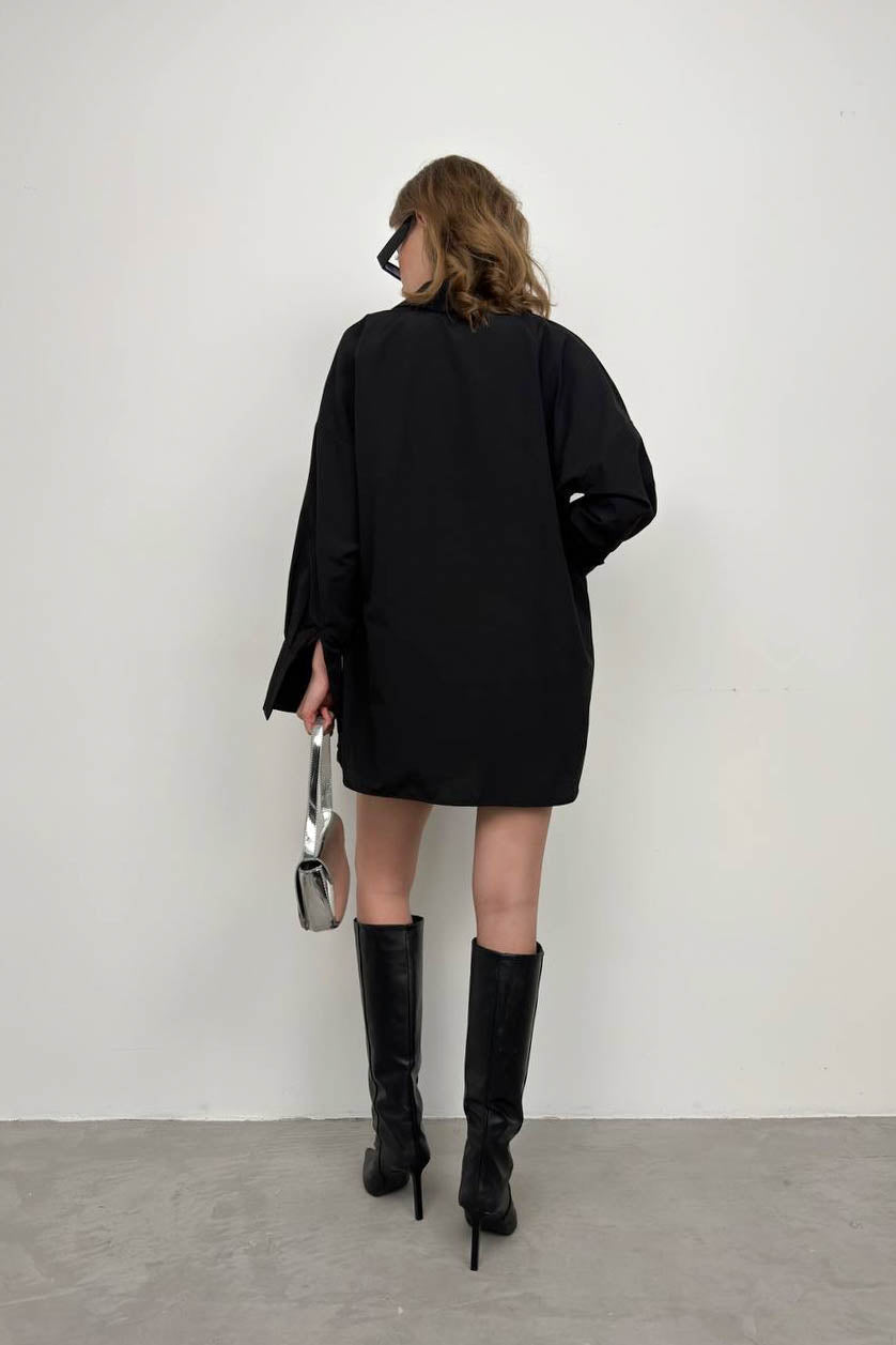 Oversize Gömlek Büzgülü Siyah Şort Takım