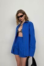 Oversize Gömlek Büzgülü Saks Şort Takım