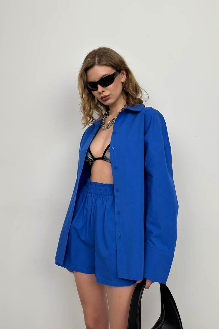 Oversize Gömlek Büzgülü Saks Şort Takım