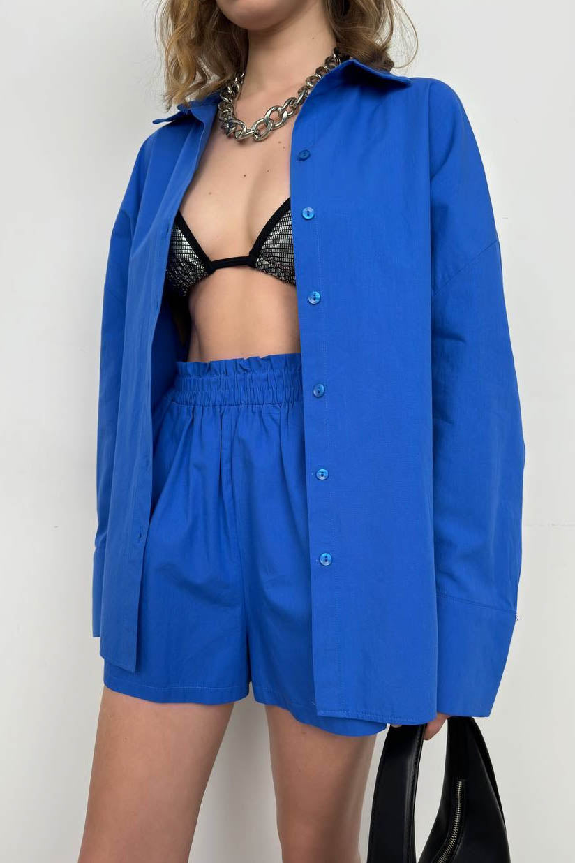 Oversize Gömlek Büzgülü Saks Şort Takım