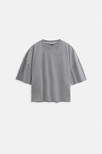 Oversize Lazer Kesim Bisiklet Yaka Gri T-Shirt