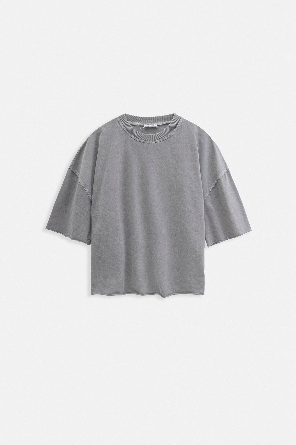 Oversize Lazer Kesim Bisiklet Yaka Gri T-Shirt