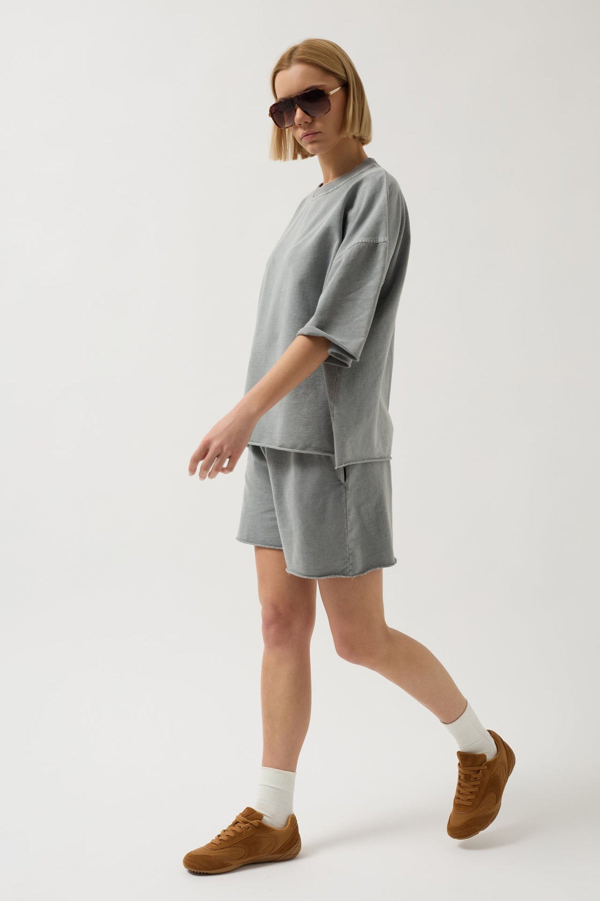 Oversize Lazer Kesim Bisiklet Yaka Gri T-Shirt
