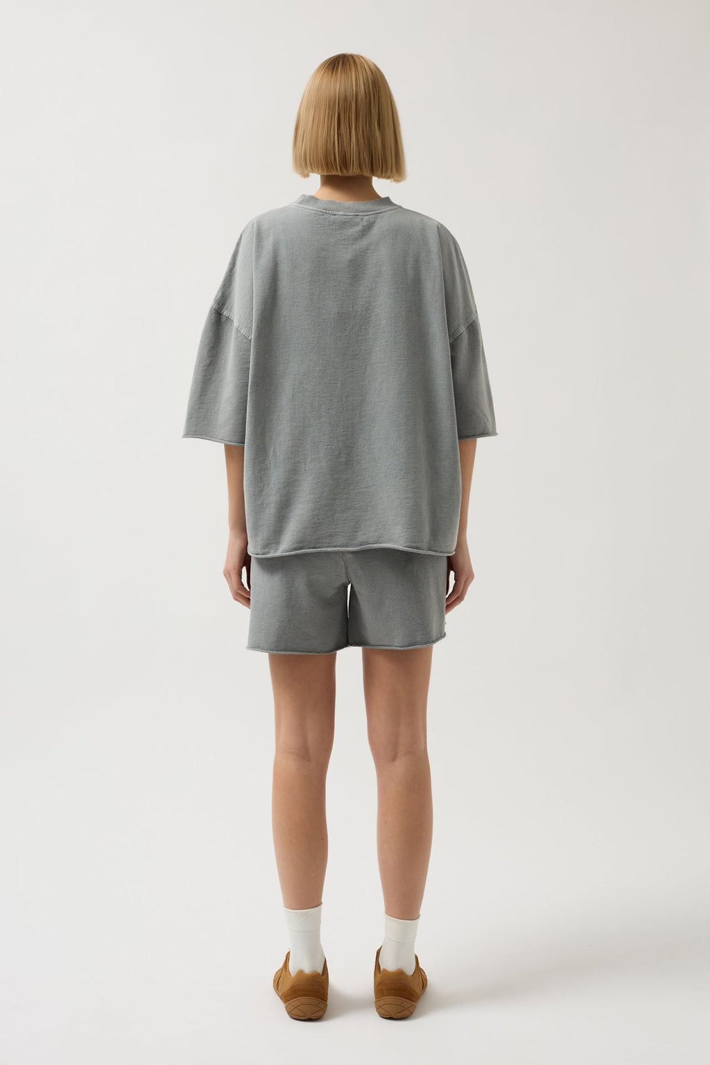Oversize Lazer Kesim Bisiklet Yaka Gri T-Shirt