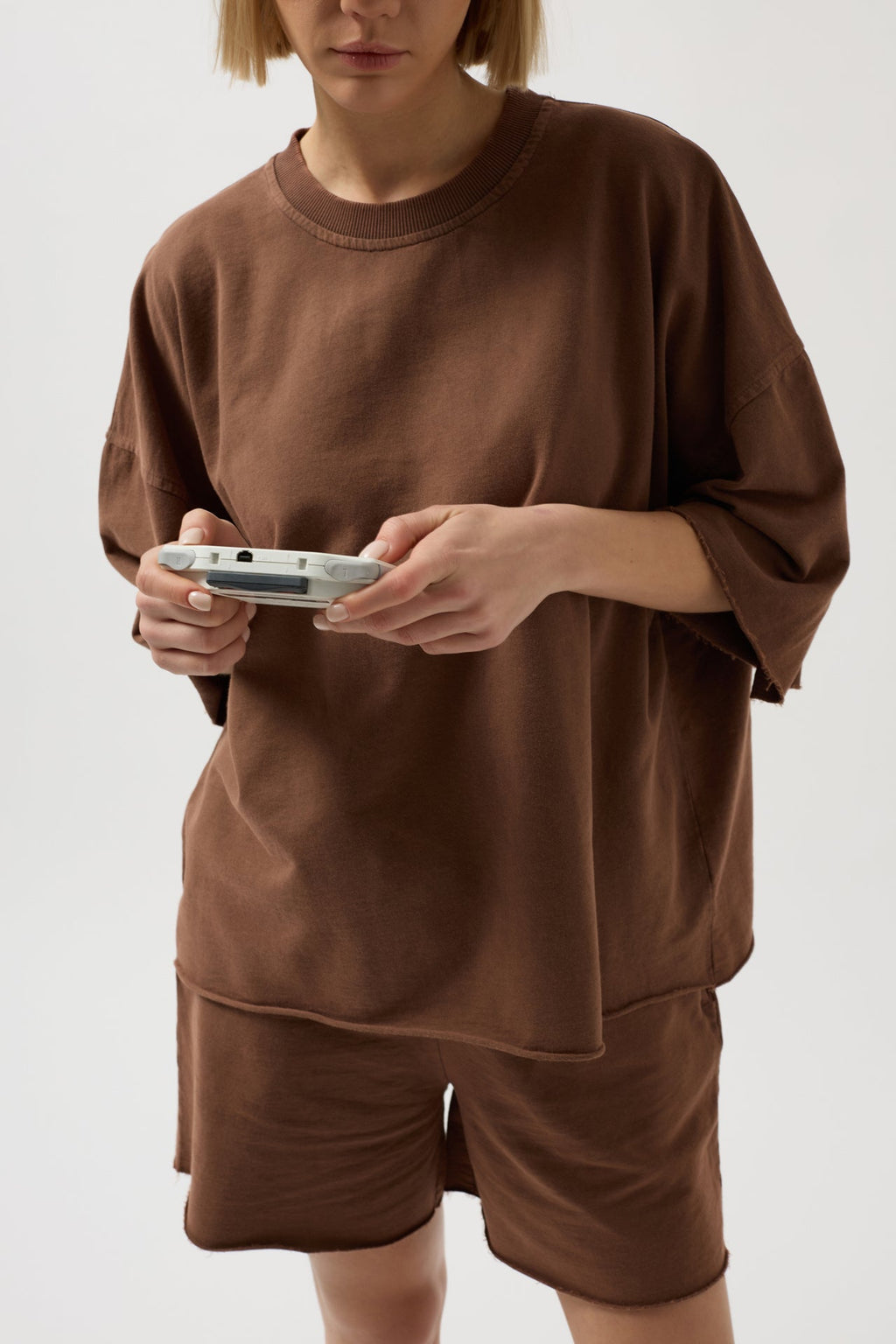 Oversize Lazer Kesim Bisiklet Yaka Kahverengi T-Shirt