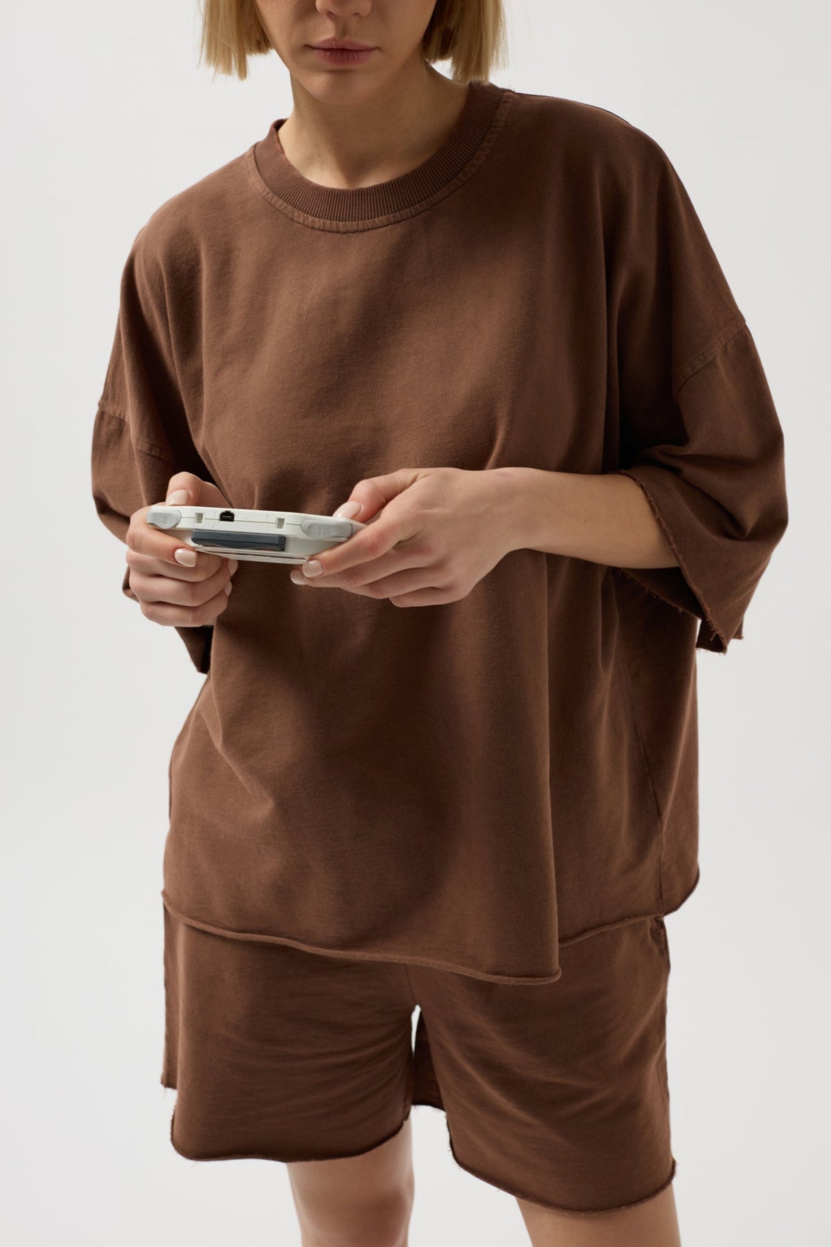 Oversize Lazer Kesim Bisiklet Yaka Kahverengi T-Shirt