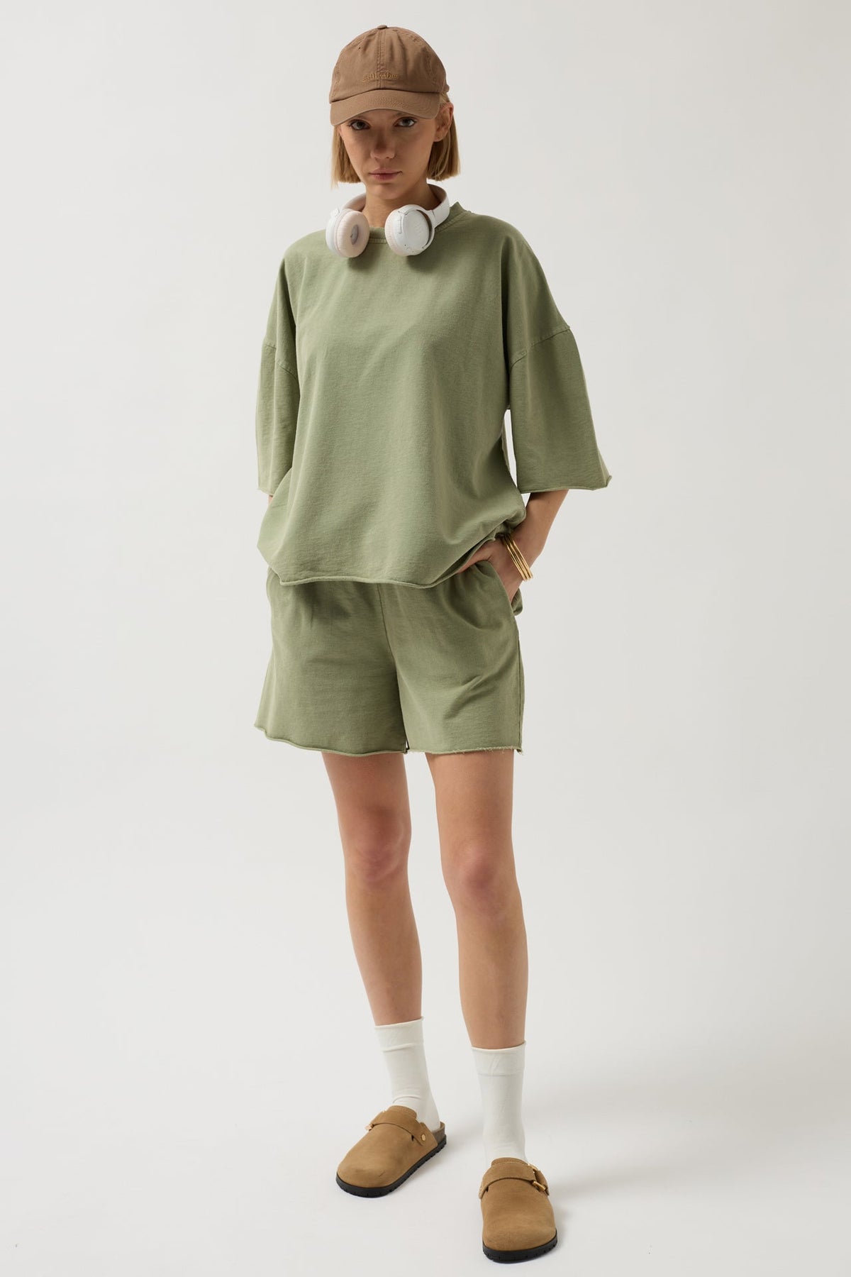Oversize Lazer Kesim Bisiklet Yaka Haki T-Shirt