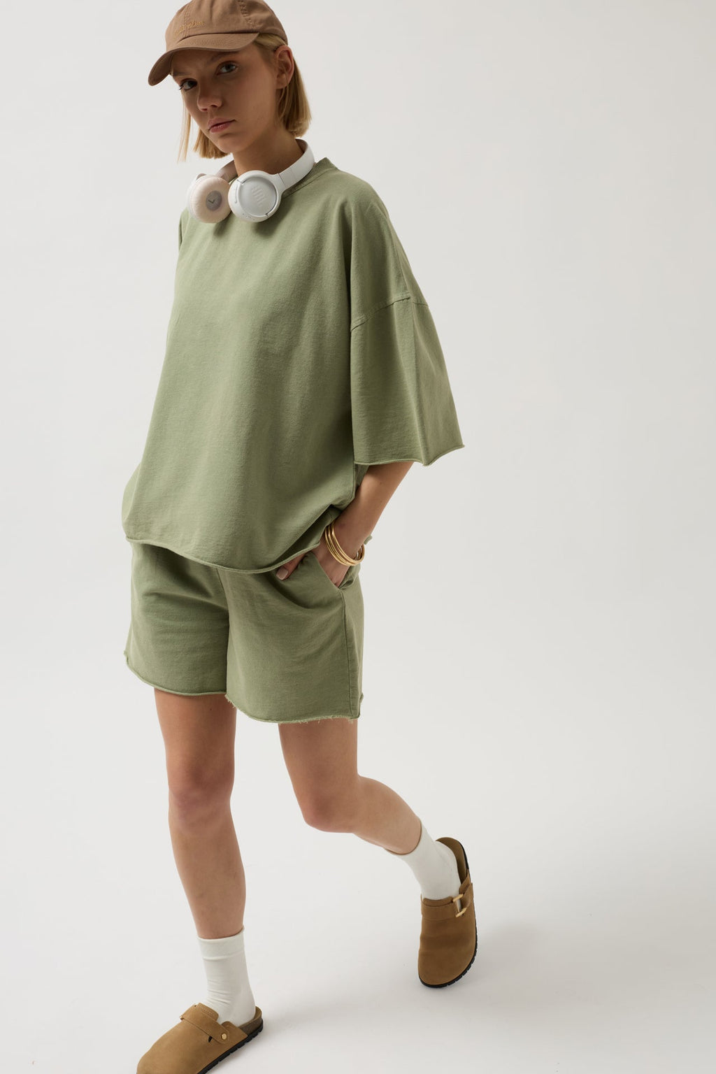 Oversize Lazer Kesim Bisiklet Yaka Haki T-Shirt