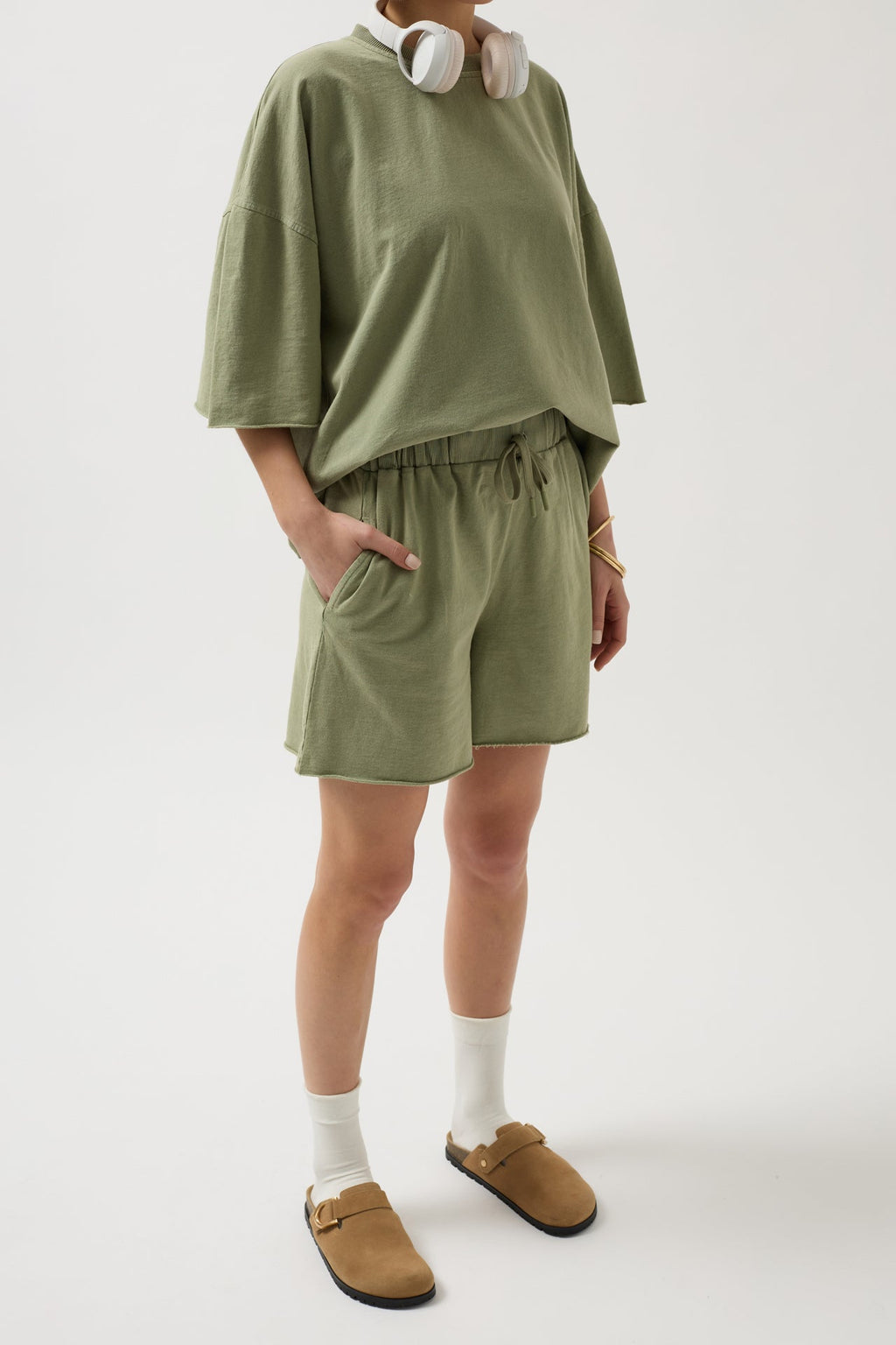 Oversize Lazer Kesim Bisiklet Yaka Haki T-Shirt