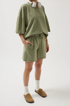 Oversize Lazer Kesim Bisiklet Yaka Haki T-Shirt