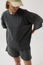 Oversize Lazer Kesim Bisiklet Yaka Antrasit T-Shirt